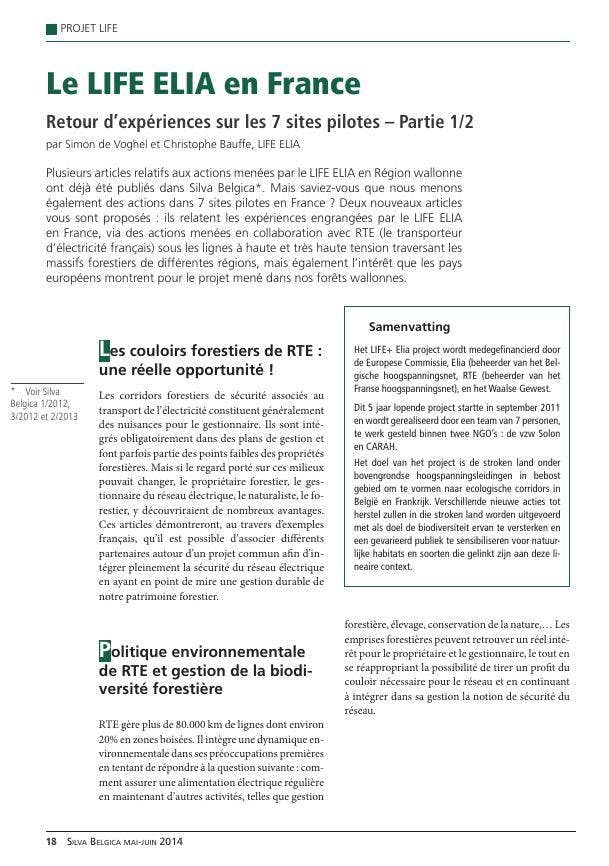 De Voghel and Bauffe Christophe 2014 Le LIFE ELIA en France Retour dexpériences sur l